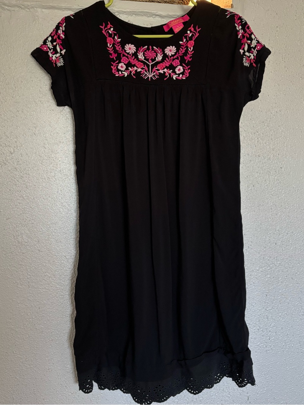 Catherine Malandrino Black Mexicana Dress with Pink & White Floral Embroidery